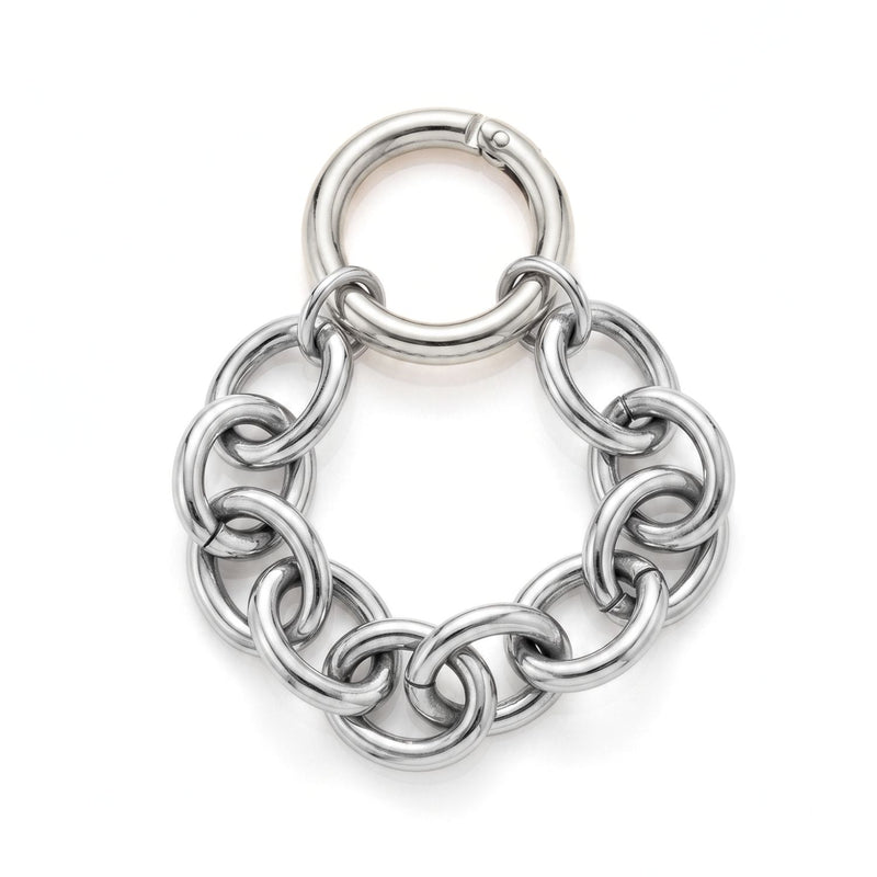 High-resolution studio product shot of the JAREDJAMIN Silver Parker Link Chain Bracelet arranged in a circle, showcasing the chunky silver links and matching silver detachable clicker clasp.