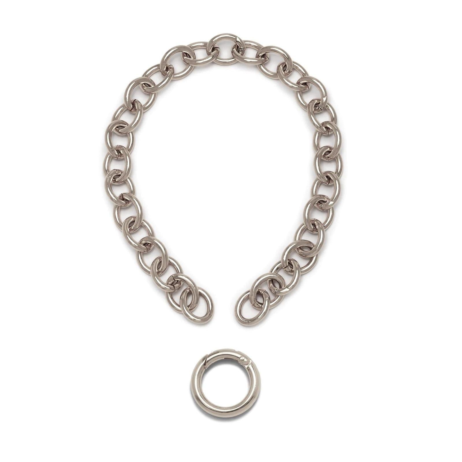 The Parker Chain Necklace by JAREDJAMIN Jewelry Online features a chunky 18K Gold Plated link chain, styled in a U-shape on a white background with a matching gold circular clasp and thick oval-shaped links.