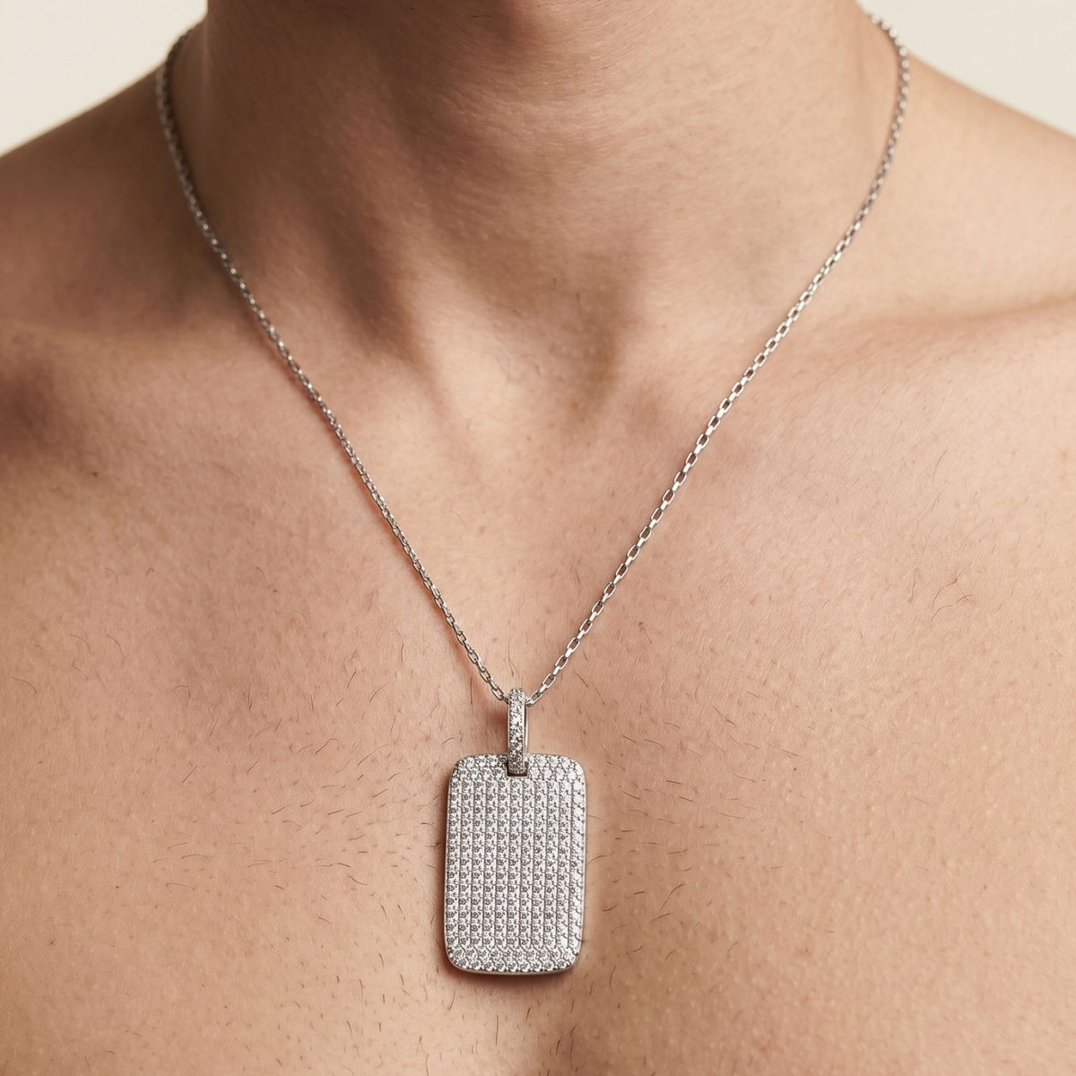 Silver Pavé Dog Tag Necklace Pendant Charm