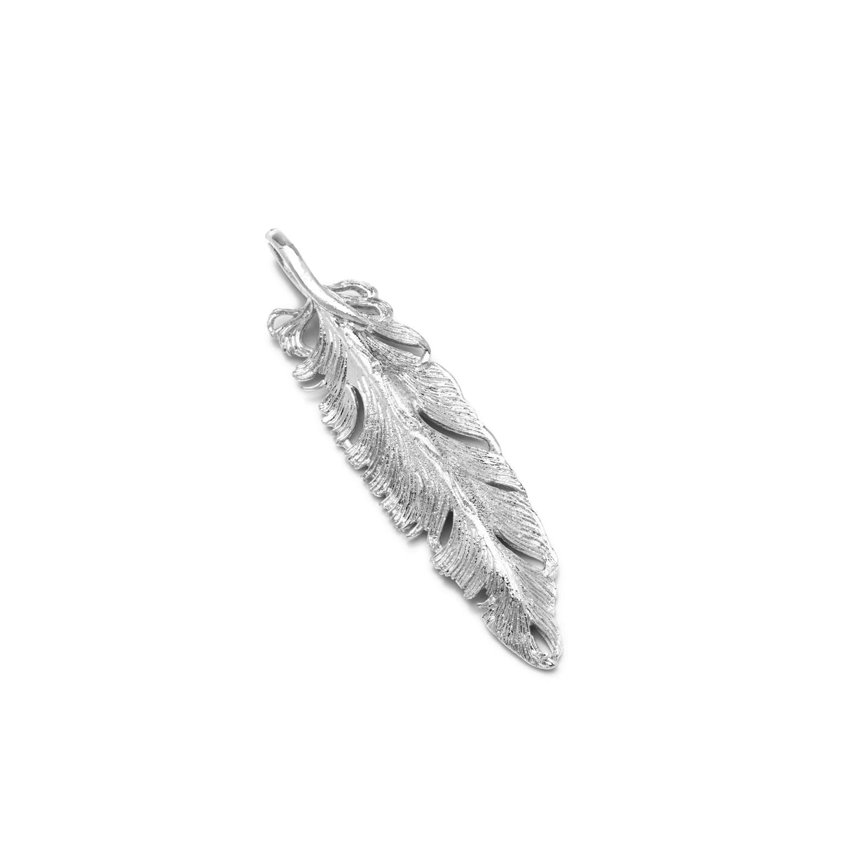 The Silver Plume Pendant Charm by JAREDJAMIN Jewelry Online features a feather-inspired design with realistic texture and layered barbs, and includes a small loop at the top for attaching to a chain necklace. Shown on a white background.