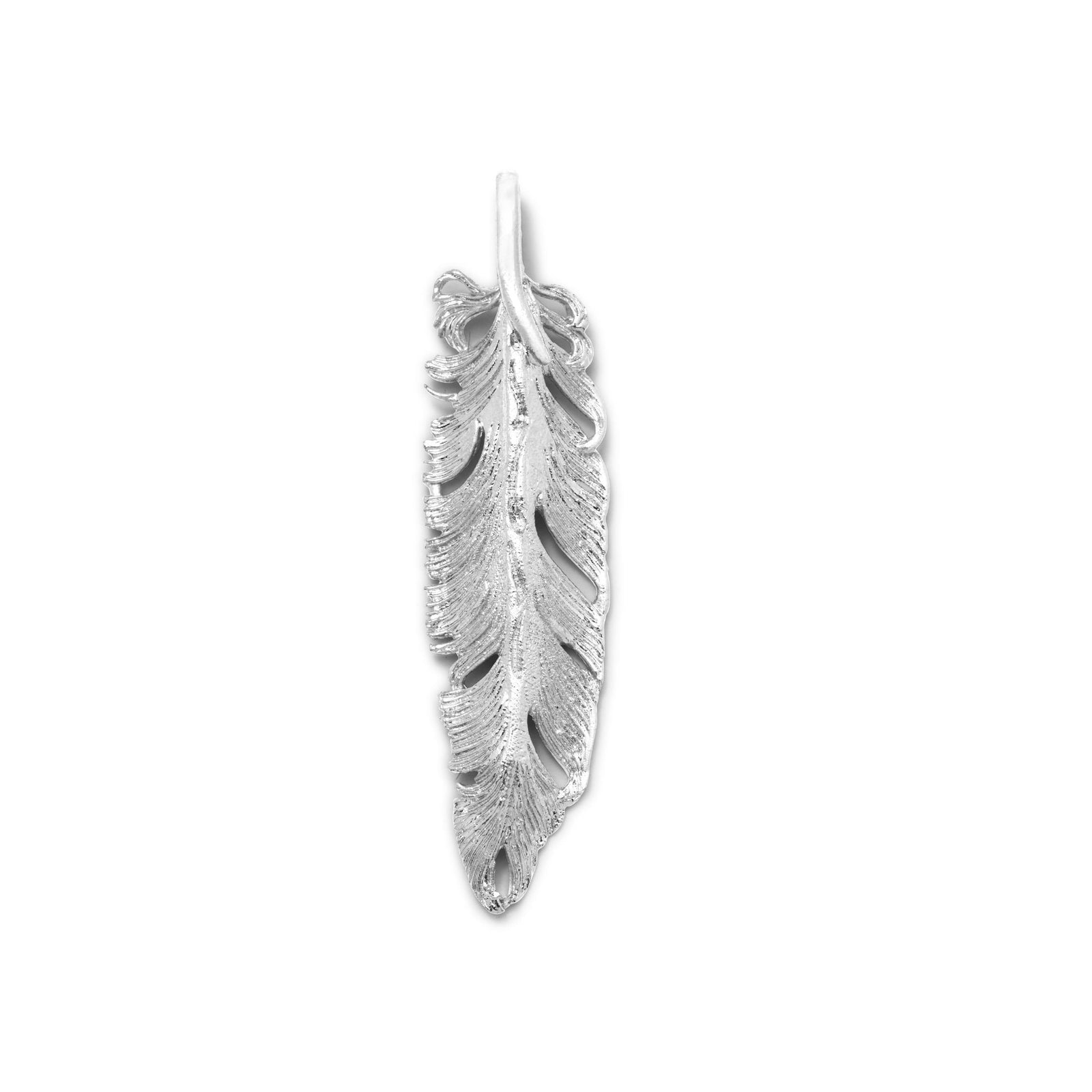 The Silver Plume Pendant Charm by JAREDJAMIN Jewelry Online features detailed textured lines, intricate cutouts, and a curved form, giving this white rhodium feather pendant a realistic look, complete with a small loop for easy attachment.