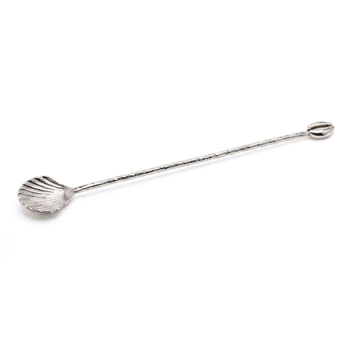 Minimalist studio layout of the JAREDJAMIN Silver Prickly Cockle & Cowrie Cocktail Stirrer, showcasing the detailed silver-plated textures of the fan-shaped cockle spoon basin and the sleek cowrie crown at opposite ends of the slim rod.