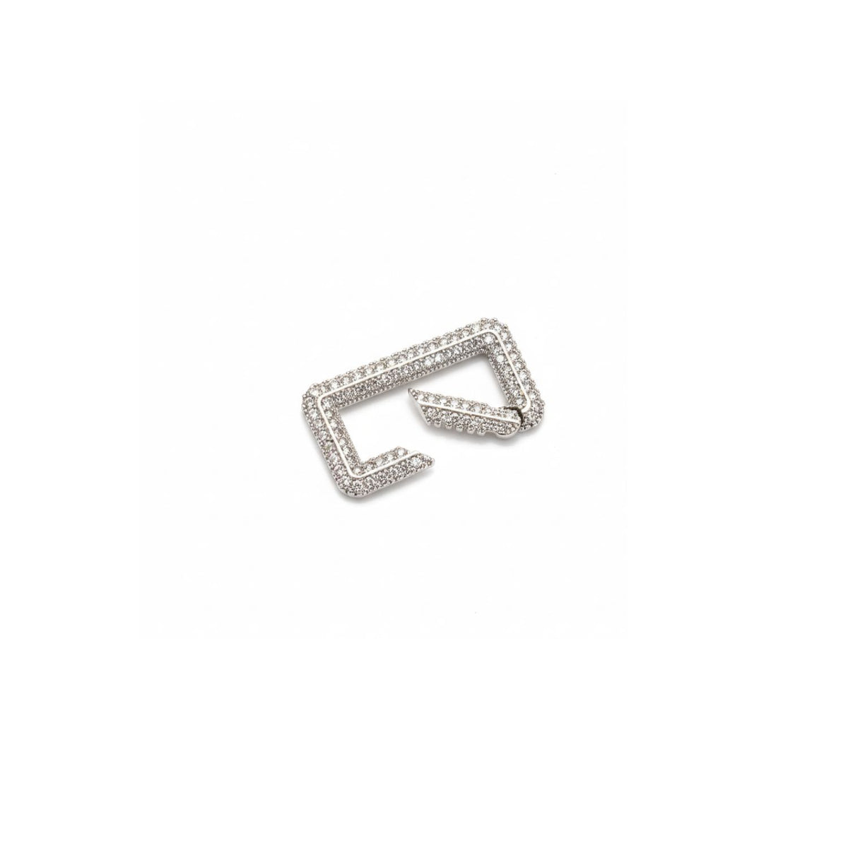 Hand-assembled in our West Hollywood studio, this silver angular rectangle clicker clasp refracts light from pavé-set cubic zirconia. Crafted in eco-conscious, small batches. Style Note: punctuates blazers or silk after-dark layers with quiet precision.