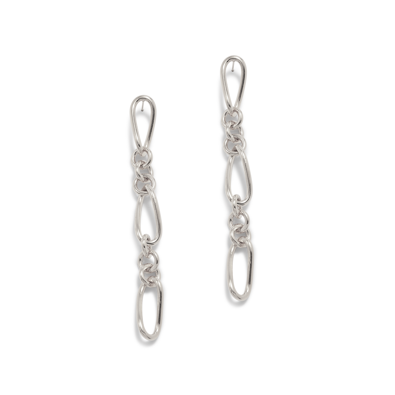 The Silver Skyler Chain Post Earrings from JAREDJAMIN Jewelry Online feature five elongated, irregular silver-plated brass links in a vertical design for a modern minimalist look.