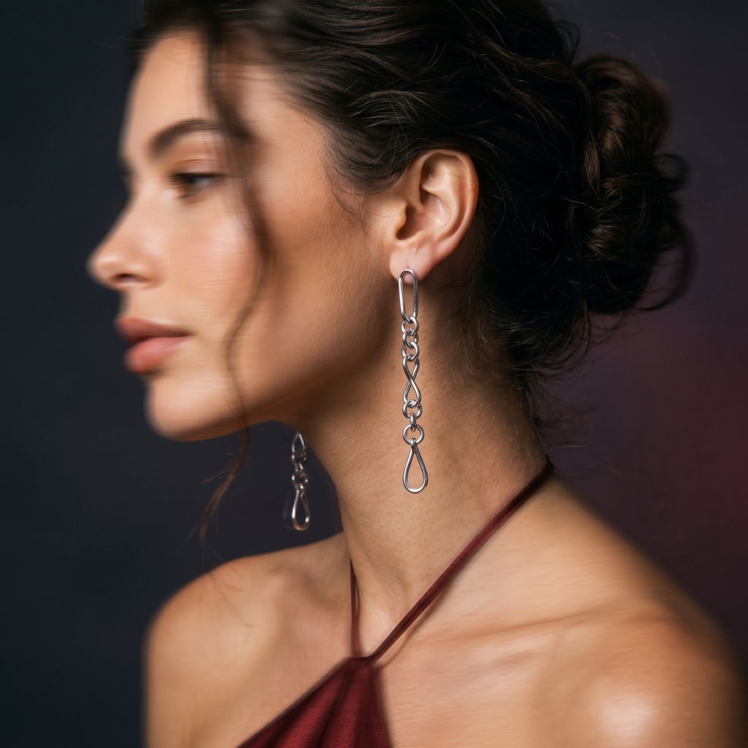 High-resolution, sharp e-commerce flat lay photography shot directly from above using a Canon EOS 5D Mark IV with a macro lens, featuring the JAREDJAMIN Silver Skyler Chain Post Earrings on a crisp white background to highlight the alternating smooth and textured silver-plated brass links and secure post fastenings.
