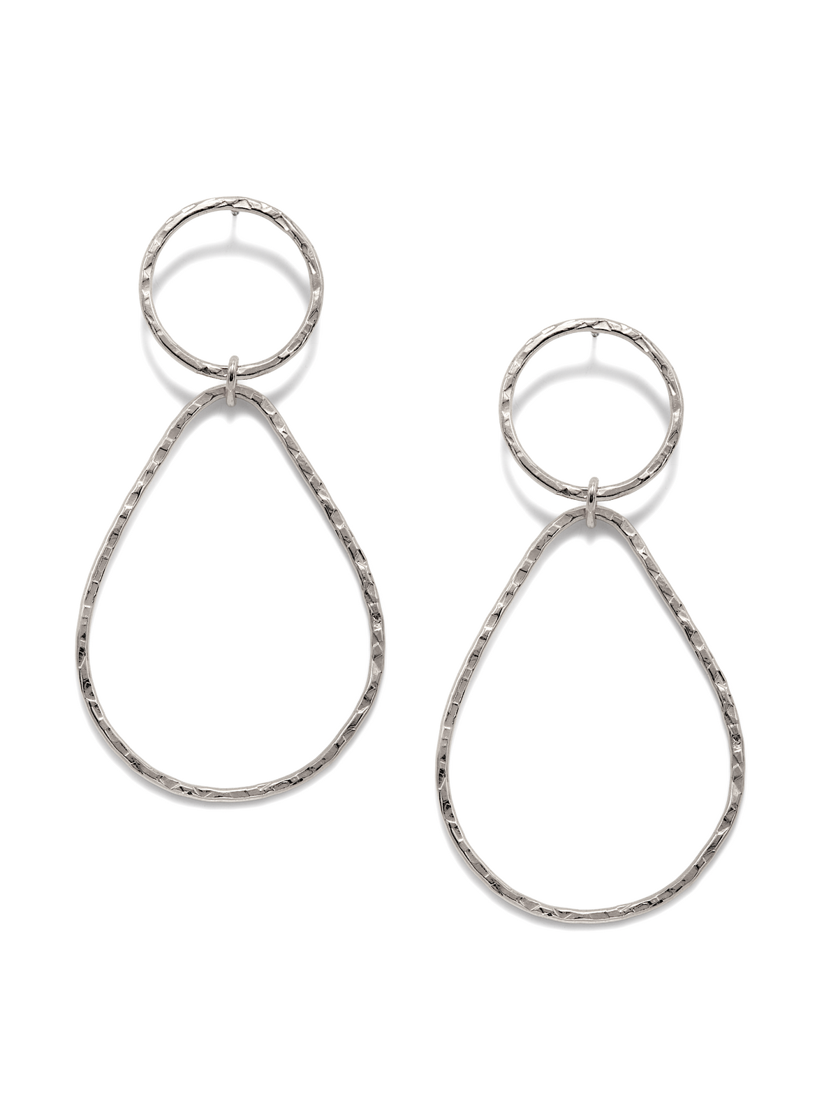 Silver Textured Tear Post Earrings by JAREDJAMIN Jewelry Online feature durable brass with a hammered finish, showcasing a small circle linked to a graceful pear-shaped drop. Enhanced with shiny metallic and White Rhodium plating, they offer minimalist sophistication.