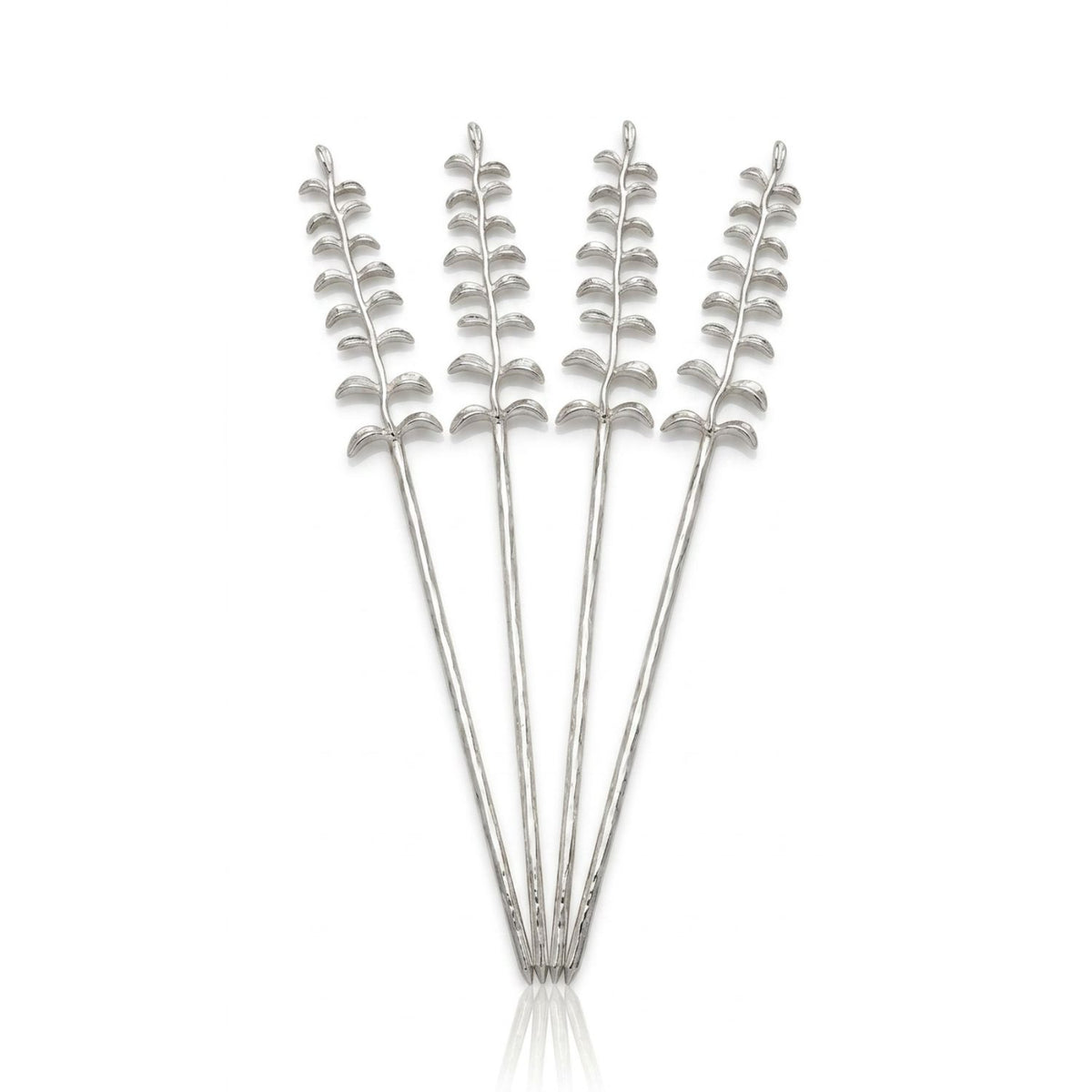 Studio product shot of the JAREDJAMIN Silver Thyme Cocktail Skewers set against a clean background, highlighting the four uniform, polished silver-plated piques with their distinct organic sprig handles arranged in a fan layout.