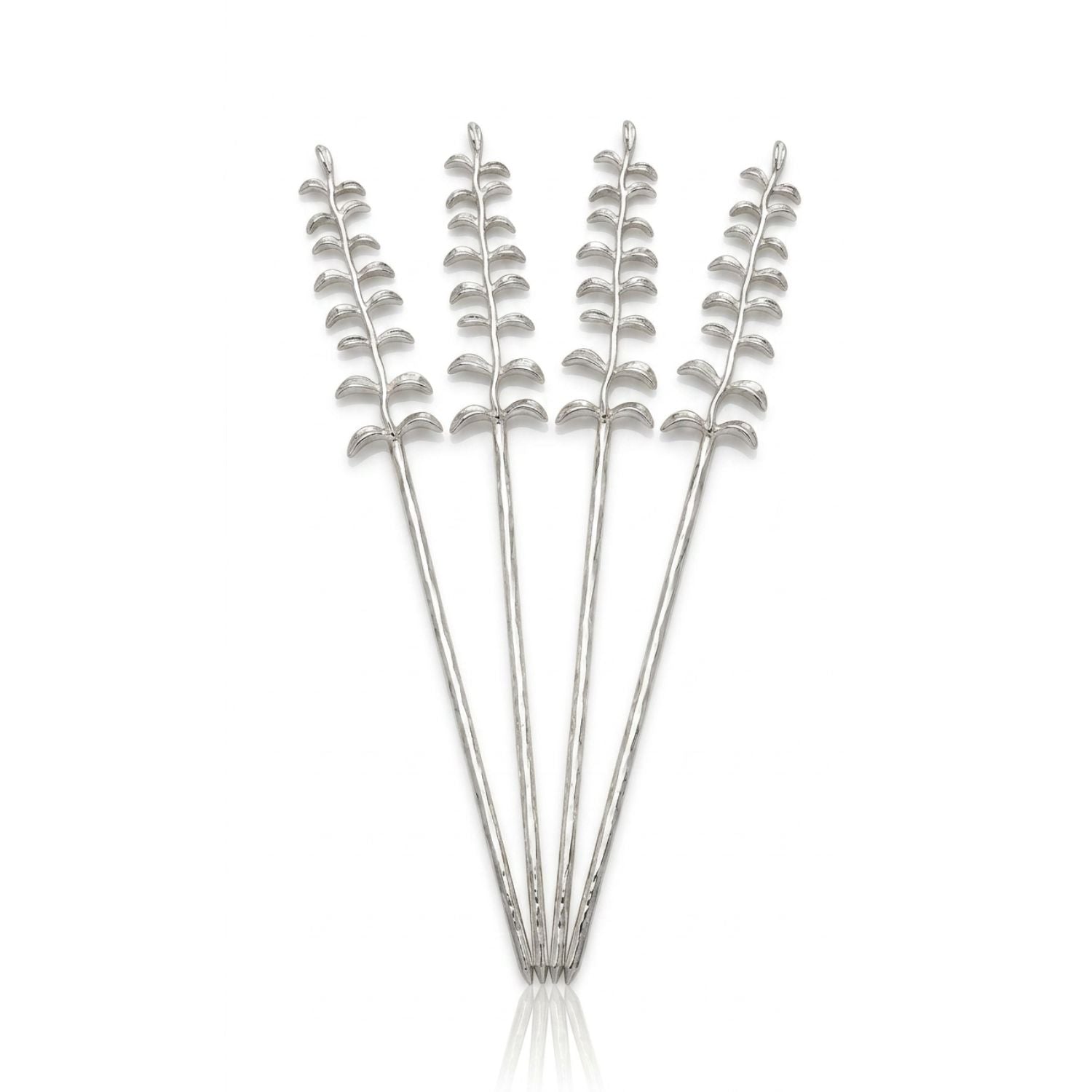 Studio product shot of the JAREDJAMIN Silver Thyme Cocktail Skewers set against a clean background, highlighting the four uniform, polished silver-plated piques with their distinct organic sprig handles arranged in a fan layout.