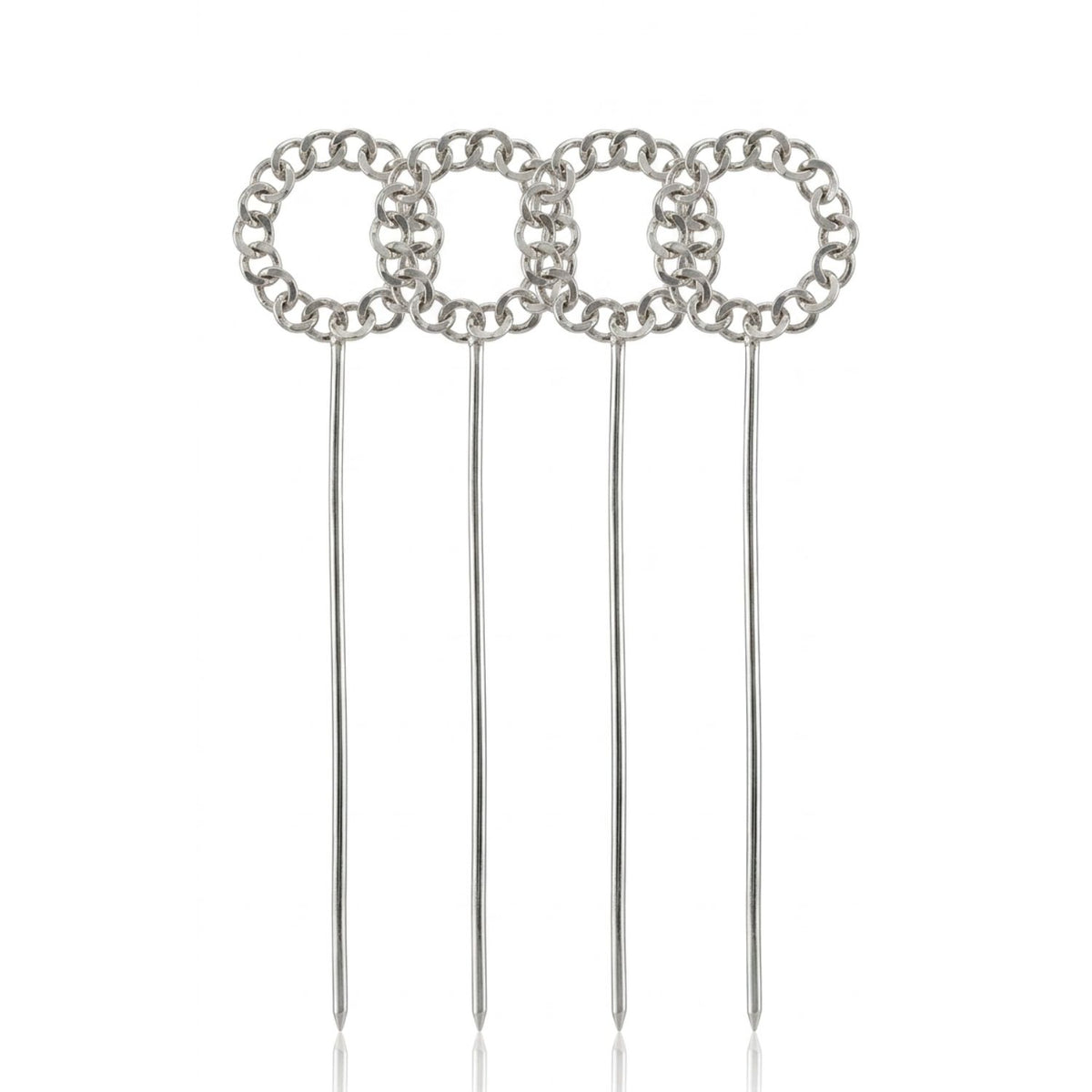 Clean studio shot of the four silver-plated wreath skewers arranged perfectly straight and parallel against a white background, highlighting the architectural uniformity, crisp link detailing, and jewelry-grade polish of the circular halo handles.
