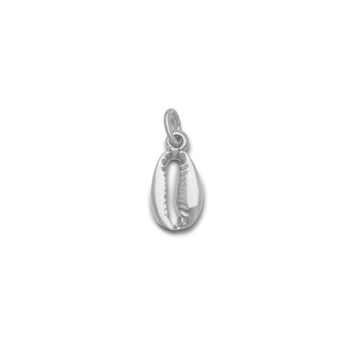 The Gold Cowrie Necklace Pendant Charm sm by JAREDJAMIN Jewelry Online is a small, polished gold charm shaped like a cowrie shell, featuring detailed ridges, an open center slit, and a top loop for attaching to necklaces or bracelets.