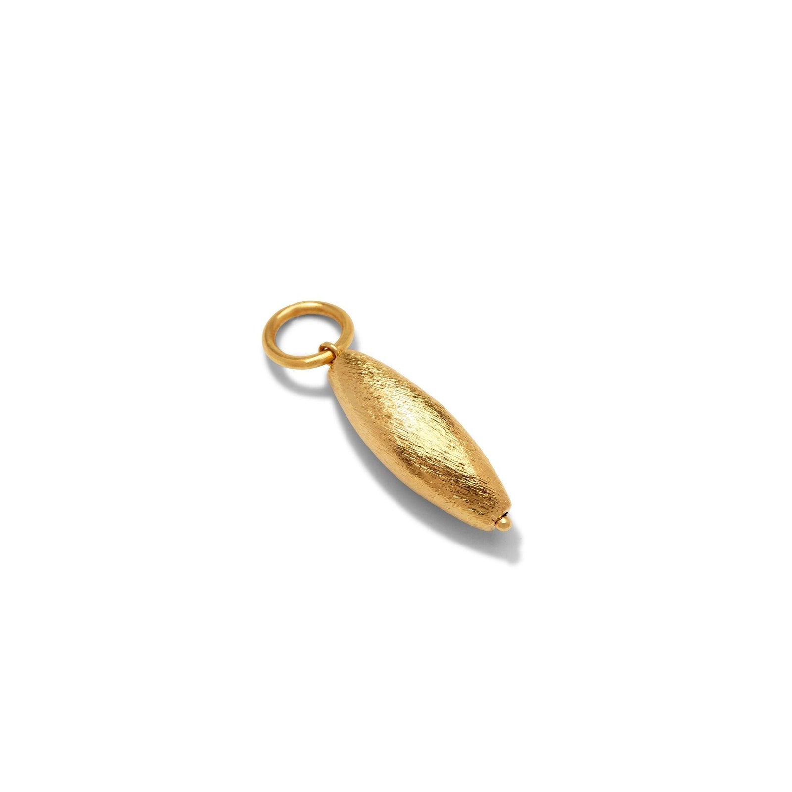 The Gold Zeppelin Necklace Pendant Charm by JAREDJAMIN Jewelry Online features an elongated oval shape and brushed texture on gold, with a small round loop. Shown centered on white, it pairs perfectly with the Chandler Cable Chain.