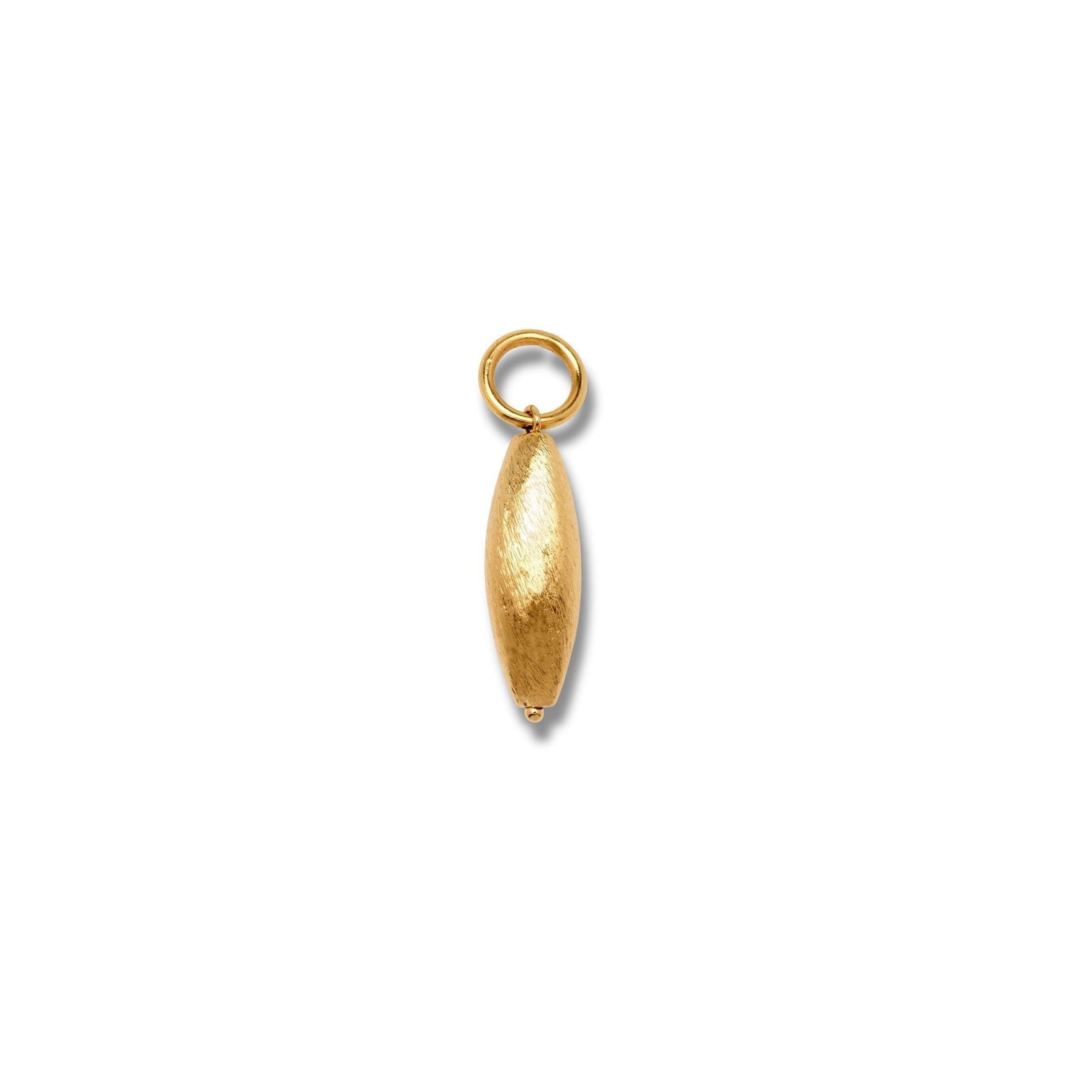 The Gold Zeppelin Necklace Pendant Charm by JAREDJAMIN Jewelry Online features an elongated oval shape and brushed texture on gold, with a small round loop. Shown centered on white, it pairs perfectly with the Chandler Cable Chain.