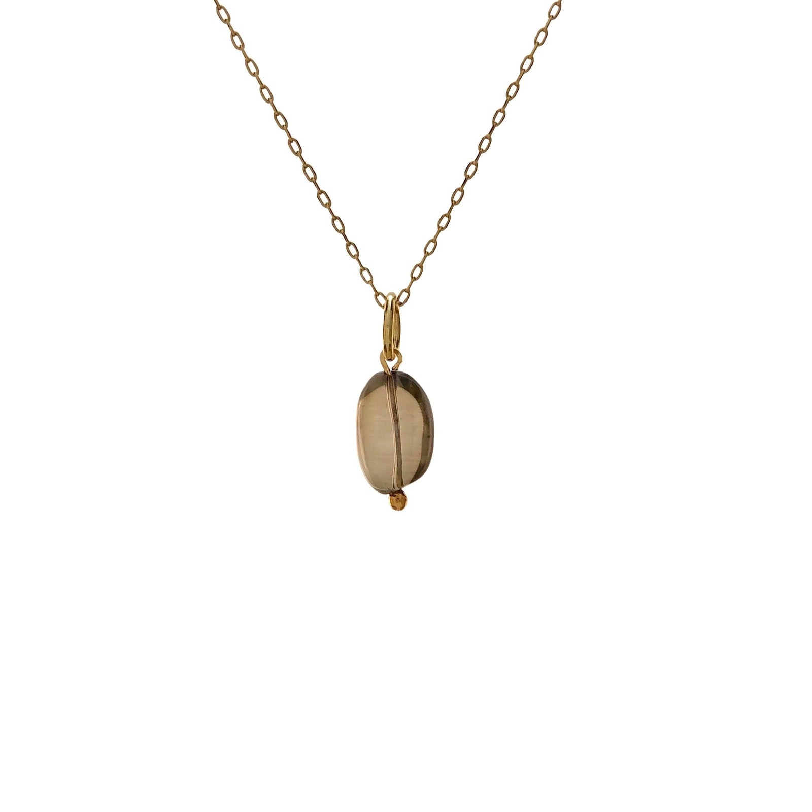 The Smoky Quartz Pebble Necklace Pendant Charm by JAREDJAMIN Jewelry Online features a smooth, oval smoky quartz set in minimal gold wire wrap with a simple gold loop, displayed against a white background.