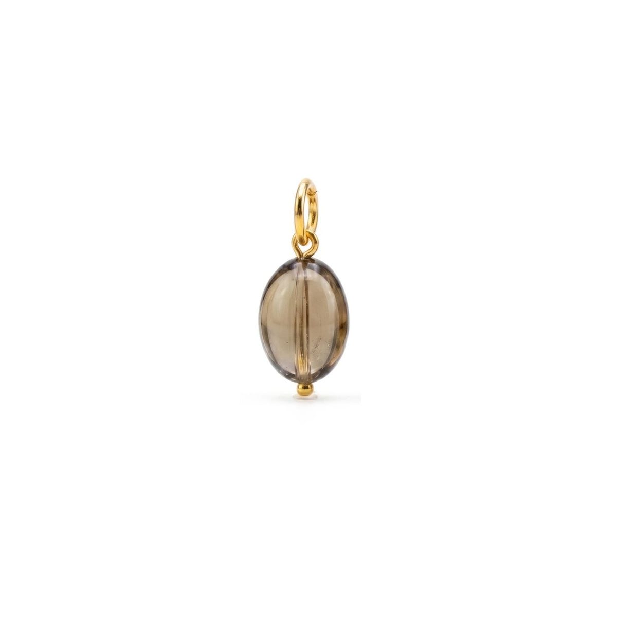 A smoky quartz pebble, hand-assembled in our West Hollywood studio, refracts soft light beside its 18k gold-accented bail. Crafted in small batches with eco-conscious intent. Style Note: punctuates both tailored shirting and sleek evening knits. Shown on white.