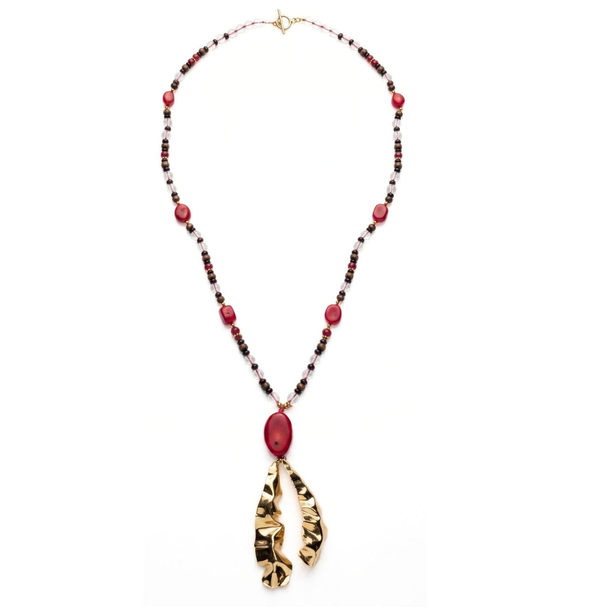 High-resolution studio product shot of the JAREDJAMIN Solange Gemstone Pendant Necklace displayed flat on a white background, highlighting the 42-inch beaded design and the large 5-inch hand-formed molten gold and red coral pendant drop.