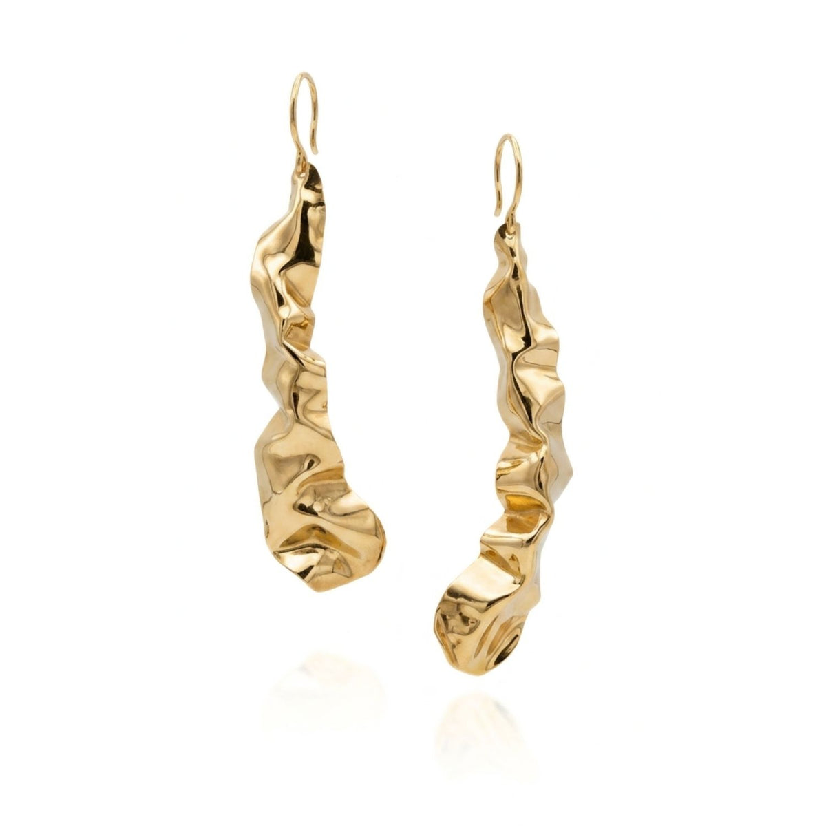 High-resolution studio product shot of the JAREDJAMIN Solange Hand-Formed Gold Drop Earrings displayed on a white background, highlighting the unique, organic ripples of the 18k gold-plated brass and the French hook fastenings.
