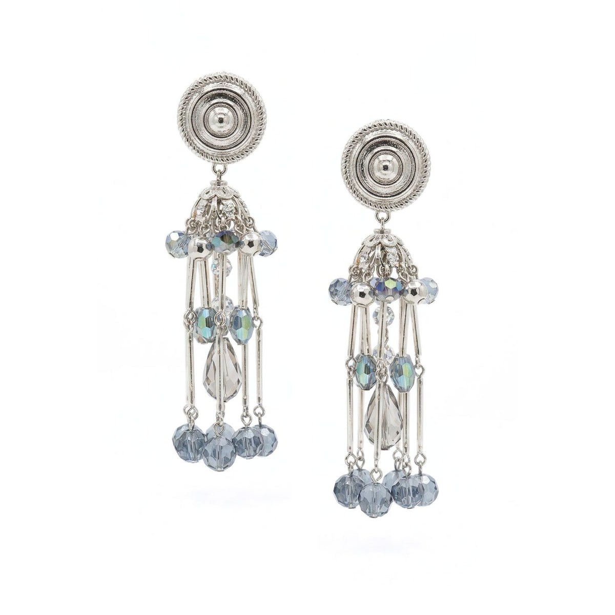 Hand-assembled in our West Hollywood studio, these small-batch, eco-conscious Sixties Solar Sister Clip-Ons refract light through faceted blue and clear beads. Dangling rods and sculpted silver capture vintage edge. Style Note: punctuates both white poplin and silk.