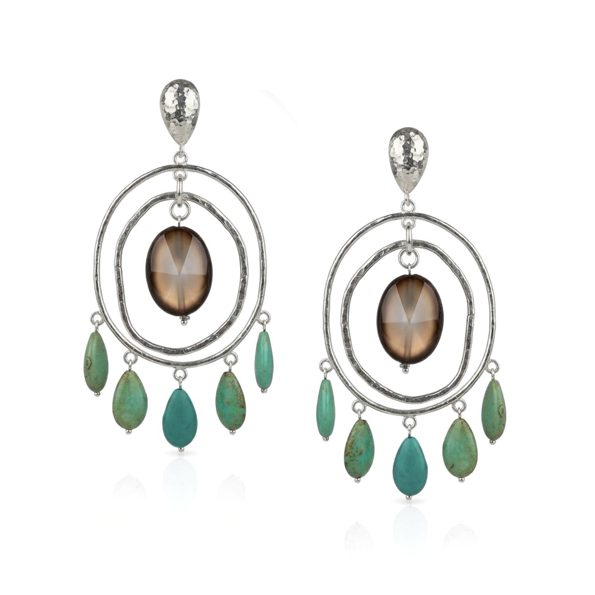 Studio product shot of the pair of 4-inch, 22-gram JAREDJAMIN Sonora Silver Agate & Turquoise Howlite Chandelier Drop Post Earrings displayed flat against a white background, showing the double concentric silver rings, central agate stone, five howlite charms, and hammered teardrop post tops.
