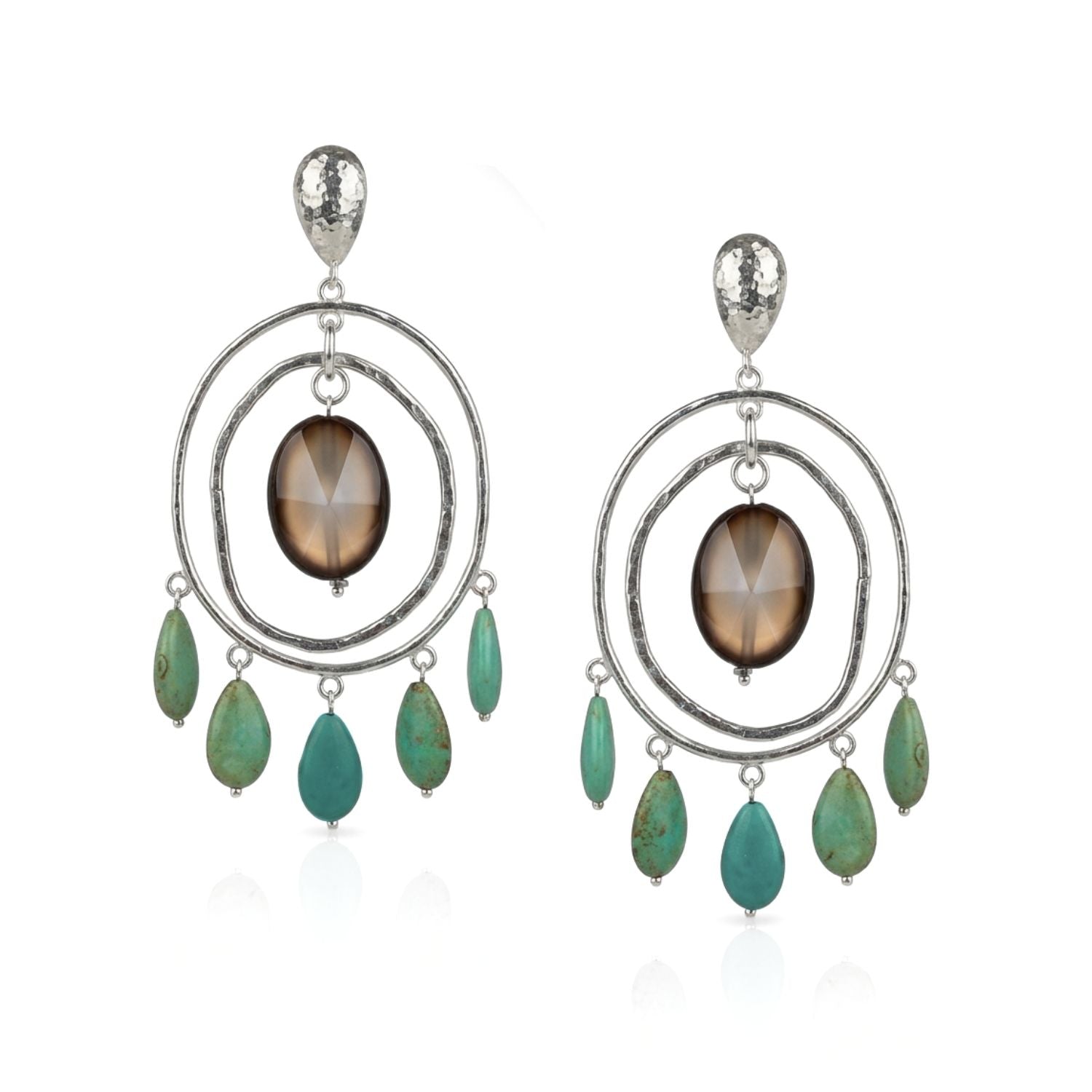 Studio product shot of the pair of 4-inch, 22-gram JAREDJAMIN Sonora Silver Agate & Turquoise Howlite Chandelier Drop Post Earrings displayed flat against a white background, showing the double concentric silver rings, central agate stone, five howlite charms, and hammered teardrop post tops.