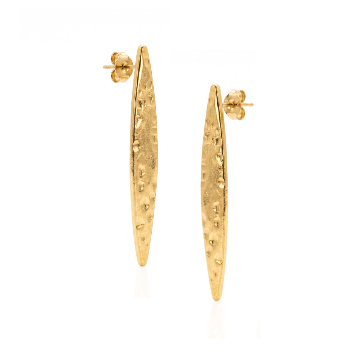 High-resolution studio product shot of the pair of 18k gold-plated JAREDJAMIN Soren Hammered Marquise Post Earrings displayed flat against a white background, highlighting their 2-inch tapered navette shape and post hardware.