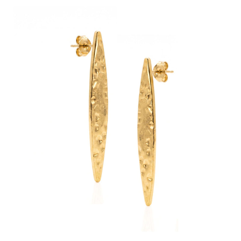 High-resolution studio product shot of the pair of 18k gold-plated JAREDJAMIN Soren Hammered Marquise Post Earrings displayed flat against a white background, highlighting their 2-inch tapered navette shape and post hardware.