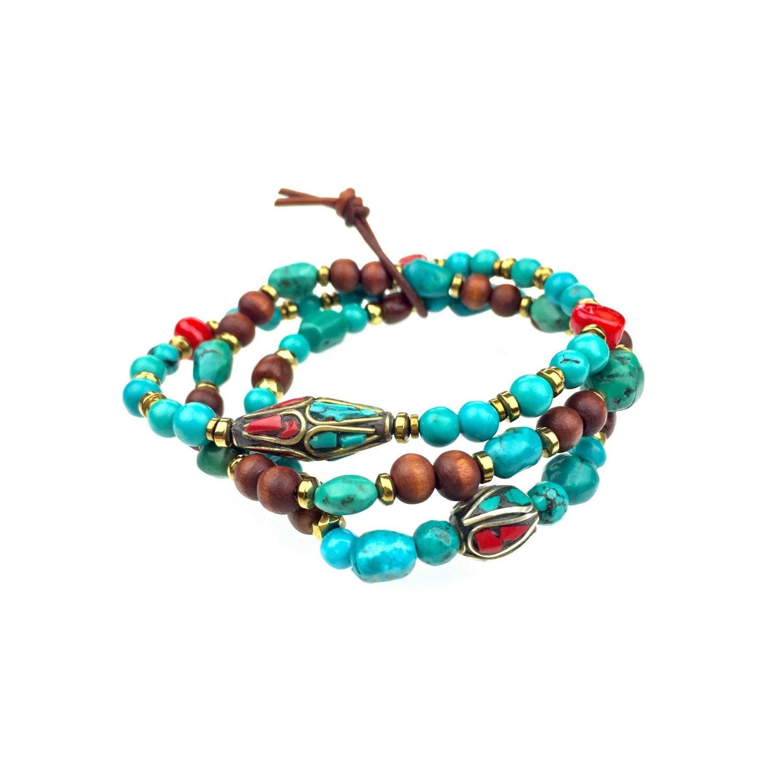 The South Western Guardian Set by JAREDJAMIN Jewelry Online is a triple-wrap bracelet featuring turquoise, brown wooden, gold beads, and red and turquoise ovals with metallic inlays plus gemstone accents. Finished with a brown leather cord knot.