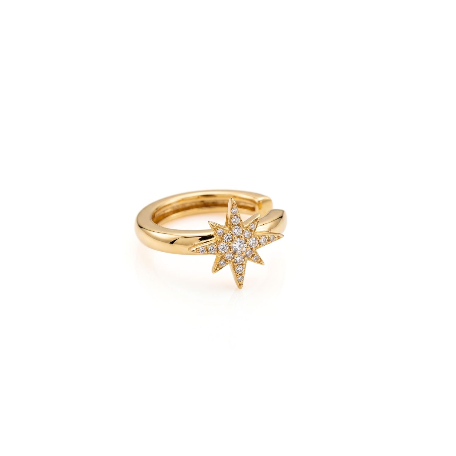 High-resolution studio product shot of the gold-plated JAREDJAMIN Astra Star Pavé Ear Cuff against a white background, highlighting the polished band and the clear CZ-set 8-point star centerpiece.
