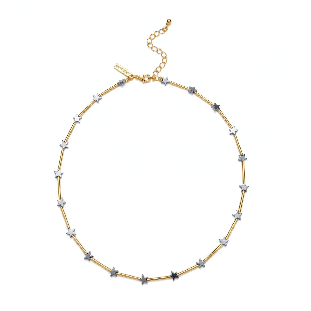 Starlight Plated Hematite Necklace: silver star charms, gold cylindrical links, adjustable chain and clasp. Brushed hematite finish. JAREDJAMIN Essential—Artisanal small-batch/West Hollywood, sustainable, signature texture.