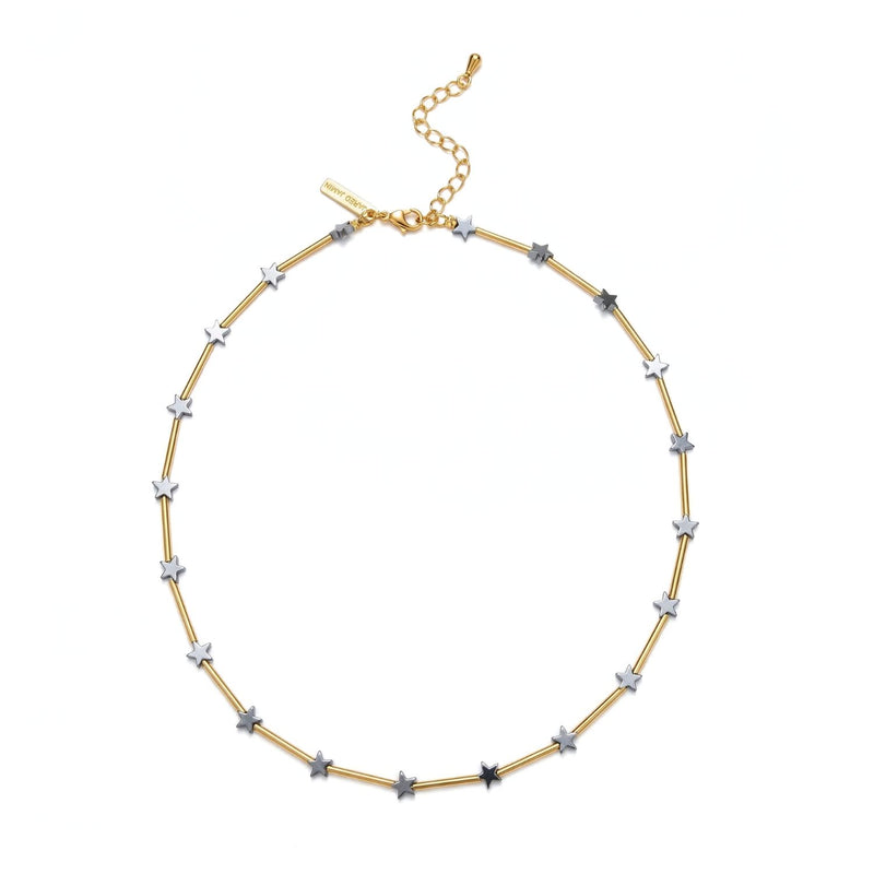 Starlight Plated Hematite Necklace: silver star charms, gold cylindrical links, adjustable chain and clasp. Brushed hematite finish. JAREDJAMIN Essential—Artisanal small-batch/West Hollywood, sustainable, signature texture.