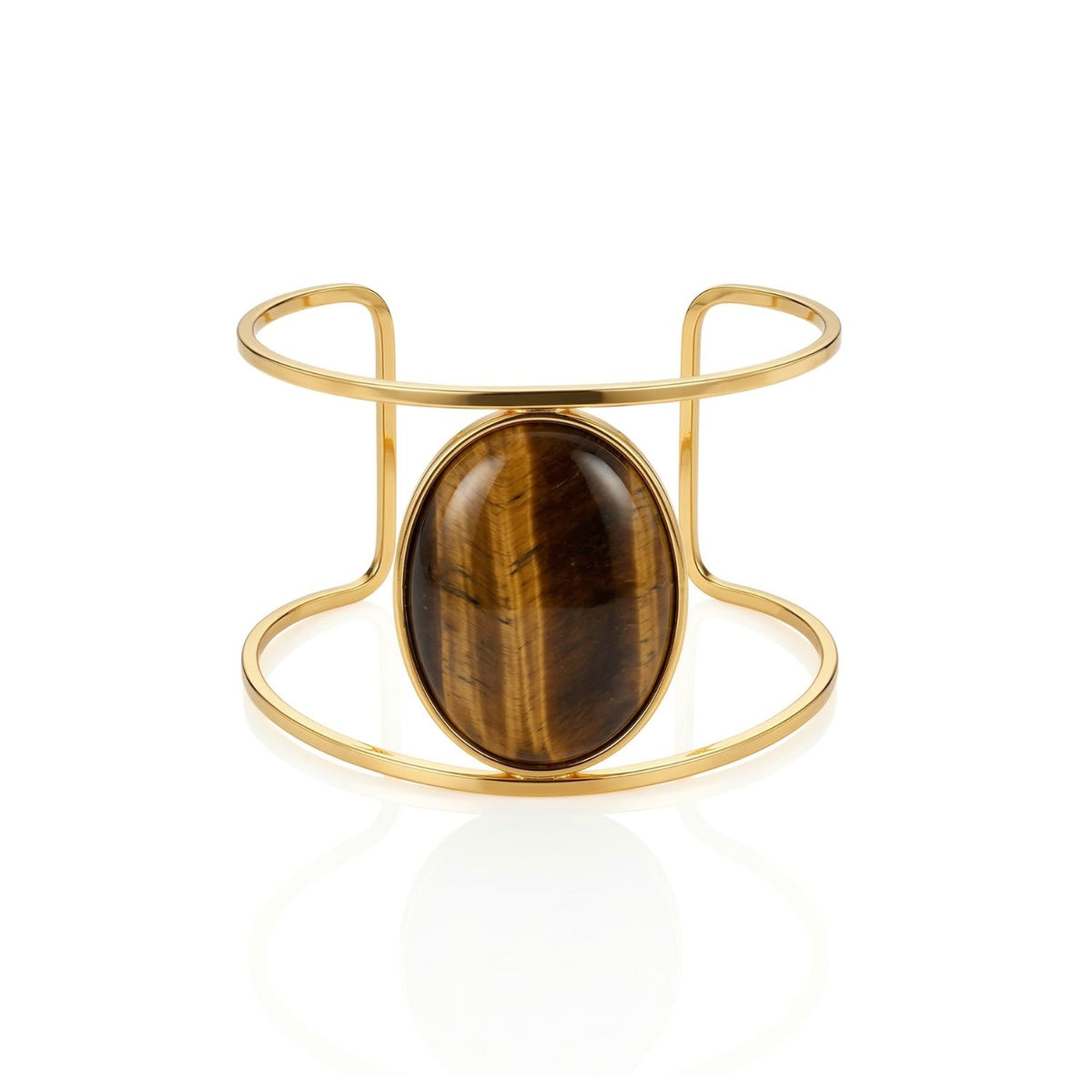 The Jared Jamin Stella Cuff in Tiger’s Eye, showcasing the hand-hammered 18K gold-plated band and the shimmering, banded golden-brown gemstone.