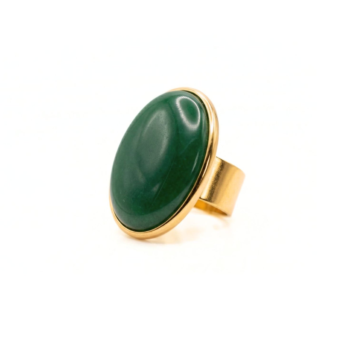The Stella Statement Ring sculpts Malaysian jade in an oval profile, anchored by a wide 18k gold-plated band—each piece hand-assembled in our West Hollywood studio using small-batch, eco-conscious methods. Style note: punctuates tailoring or silk slip dresses.