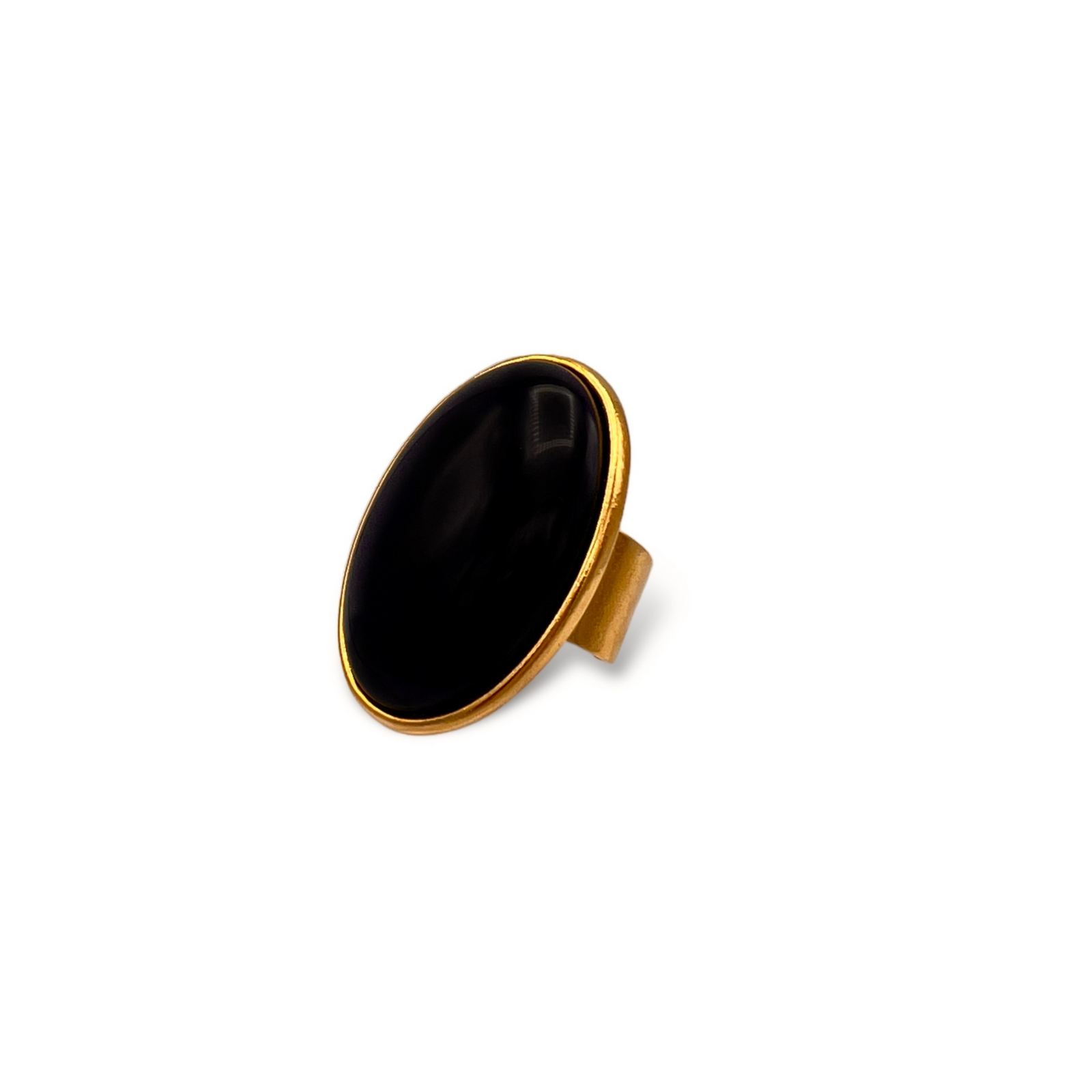 The Stella Statement Ring in Black Agate by JAREDJAMIN Jewelry Online features a wide, adjustable gold band with a polished black agate oval stone atop, shown against a plain white background.