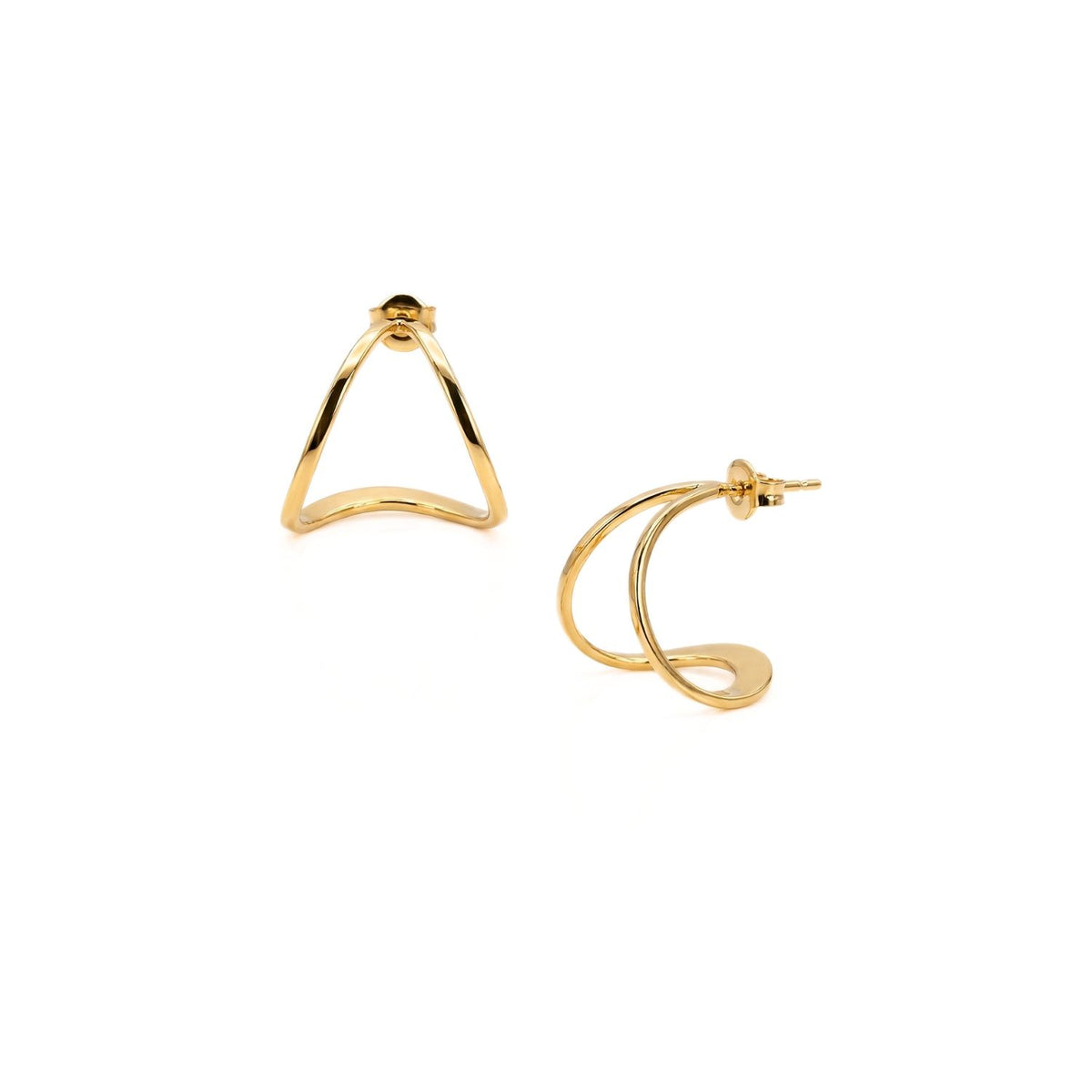 Tabby Earrings in gold: one open triangle, one twin abstract hoops—each form is sculpted and hand-assembled in our West Hollywood studio using small-batch, eco-conscious methods. Style Note: punctuates crisp shirting or an after-dark slip with quiet intent.