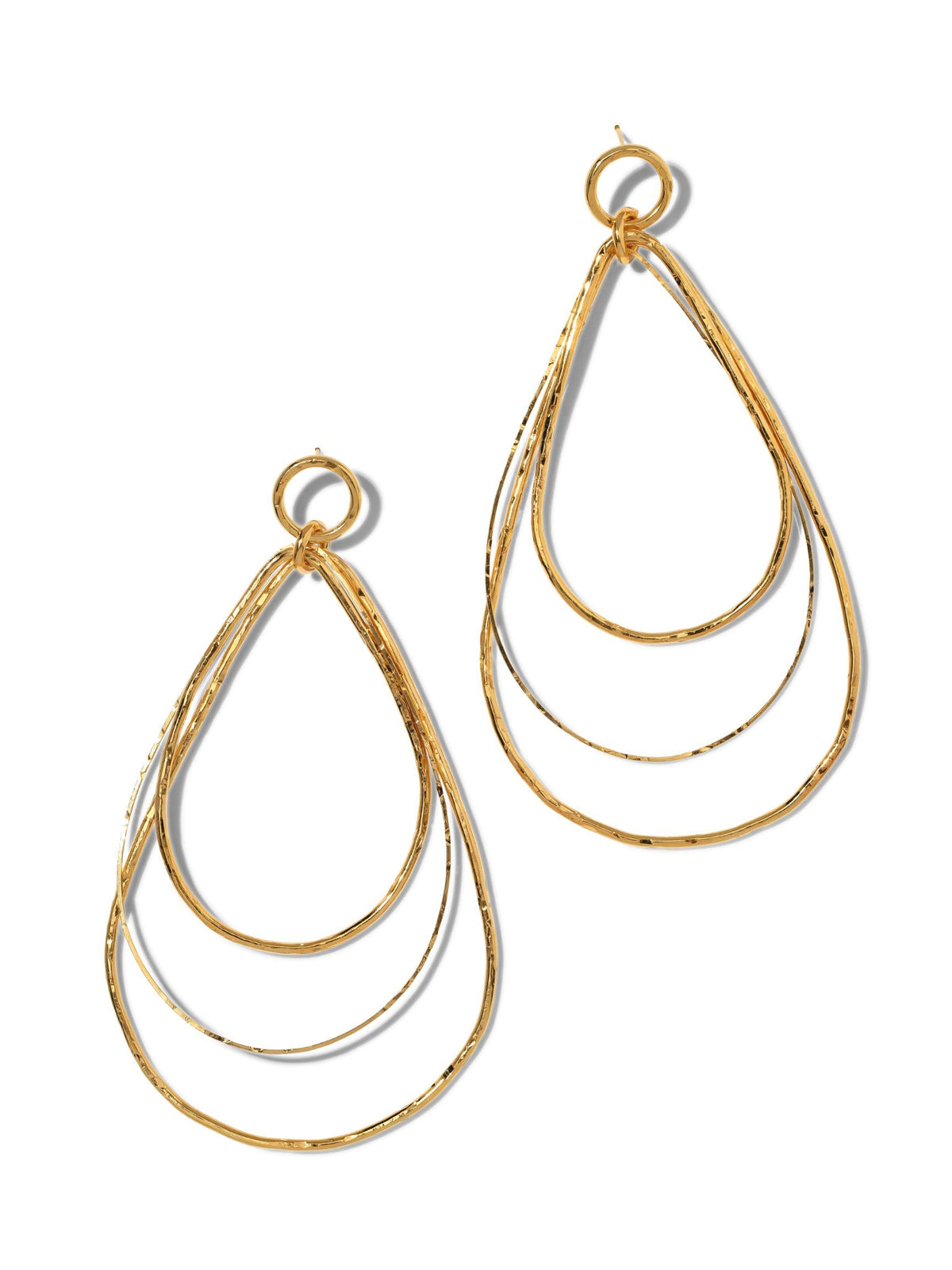 The Tereza Tear Dangle Post Earrings by JAREDJAMIN Jewelry Online feature a cascading silhouette with three interconnected, slender 18K gold-plated teardrop loops hanging from a small circular loop, offering an elegant and sophisticated look with their shiny, reflective surface.