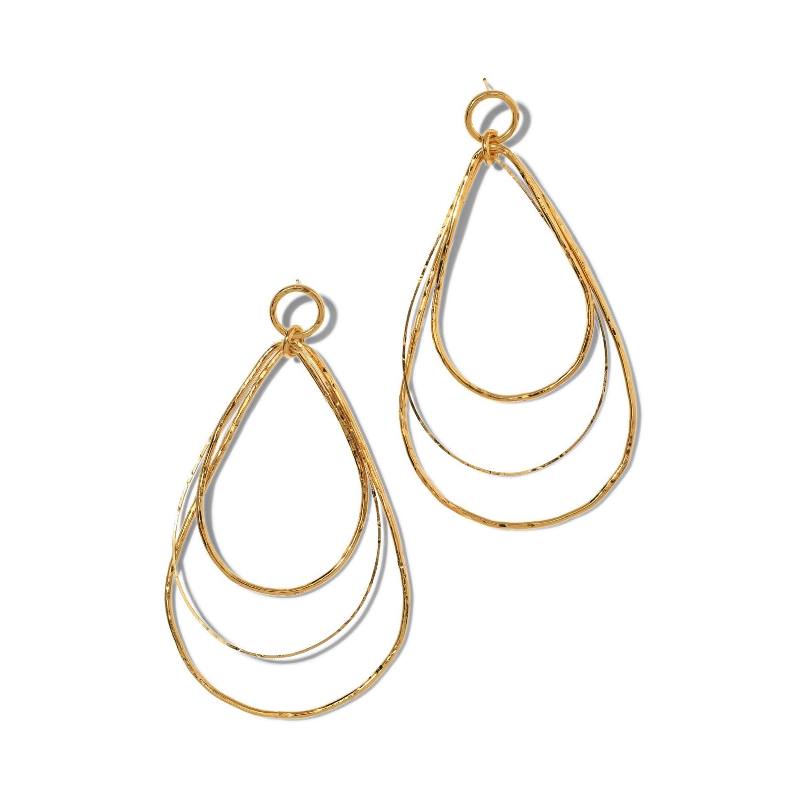 The Tereza Tear Dangle Post Earrings by JAREDJAMIN Jewelry Online feature three nested, hammered 18K gold-plated teardrop hoops, measuring 4 3/4", connected by a small loop for a layered, elegant look.