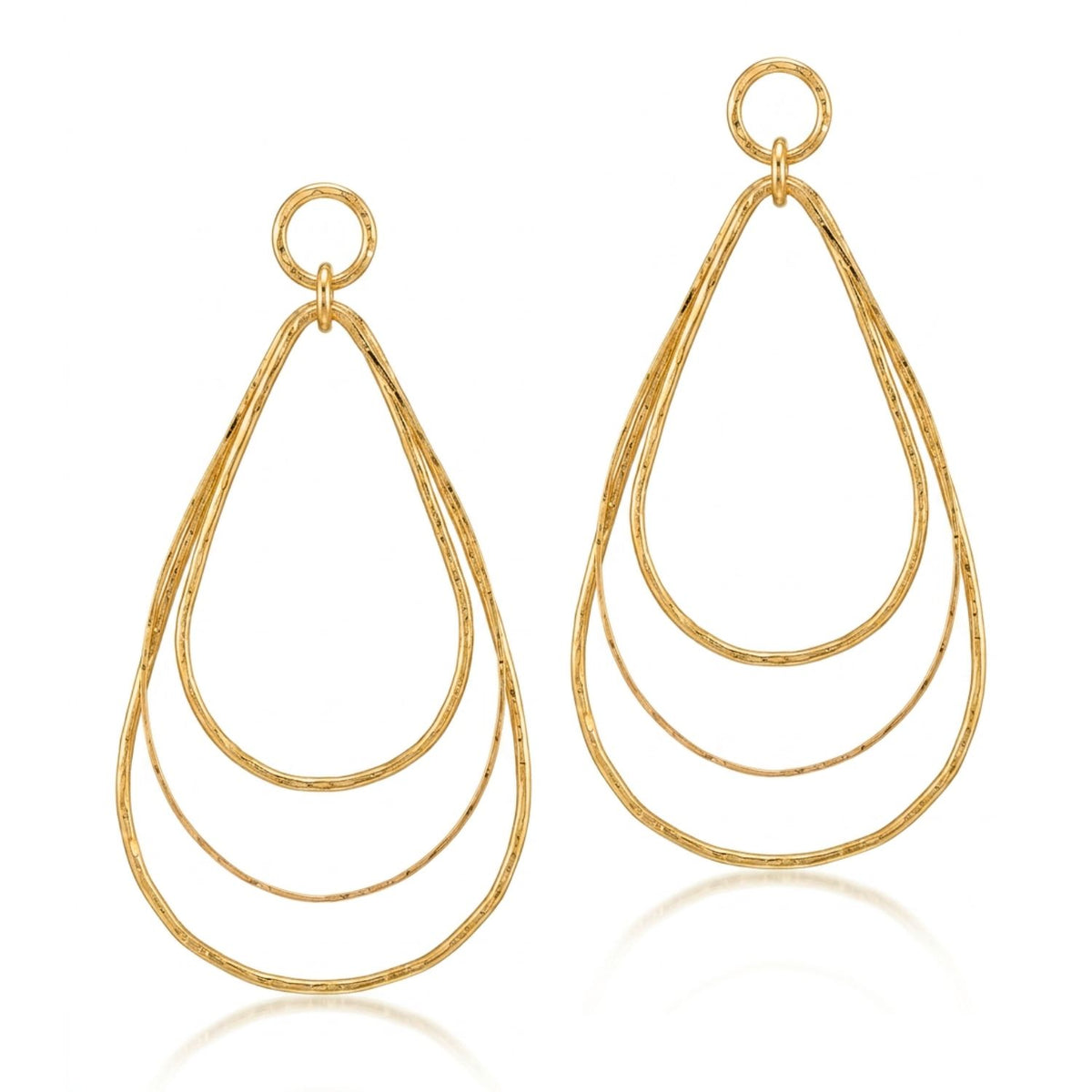 High-resolution studio product shot of the JAREDJAMIN Tereza Dangle Earrings against a clean white backdrop, detailing the 18k gold-plated circular post tops and the three nested, individually hammered wire teardrop frames.