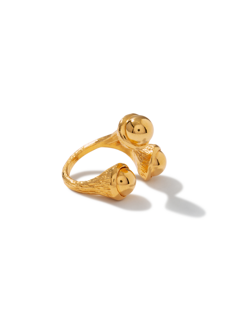 High-resolution studio product shot of the JAREDJAMIN Gold Trinity Acorn Ring against a white background, highlighting its 18k gold-plated open bypass band, raw oak bark texturing, and three highly polished acorn accents.