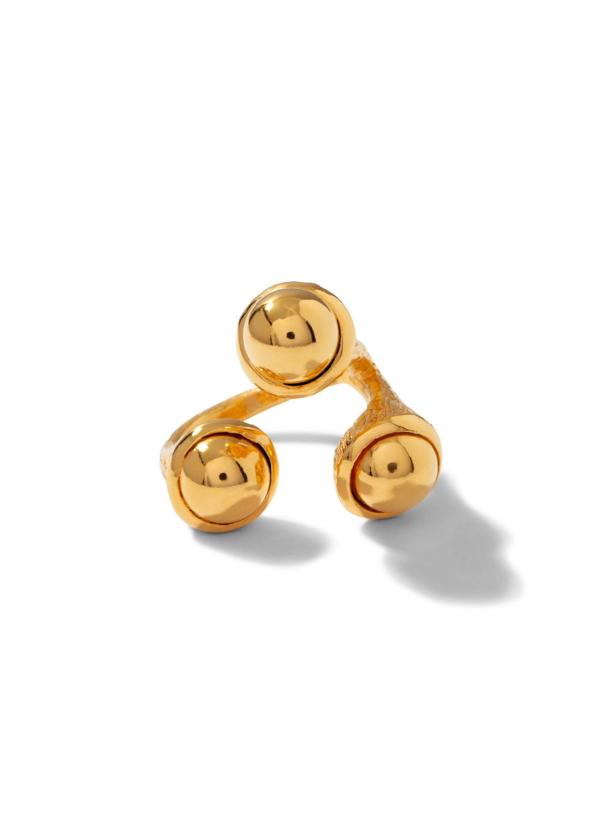 The Gold Trinity Acorn Ring by JAREDJAMIN Jewelry Online is an adjustable gold ring with an open design, showcasing three polished 18K Gold Plate spheres at each end, set on a plain white background with a soft gray shadow.