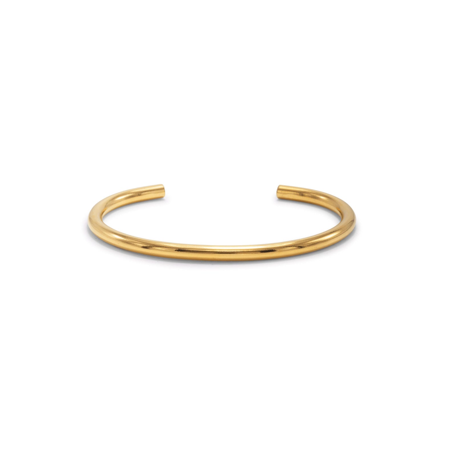 The JAREDJAMIN Jewelry Online Gold Tubular Cuff is an 18K gold, unisex open cuff bracelet with a smooth polished finish and round shape. Its golden hue stands out against a plain white background for easy, stylish wear.