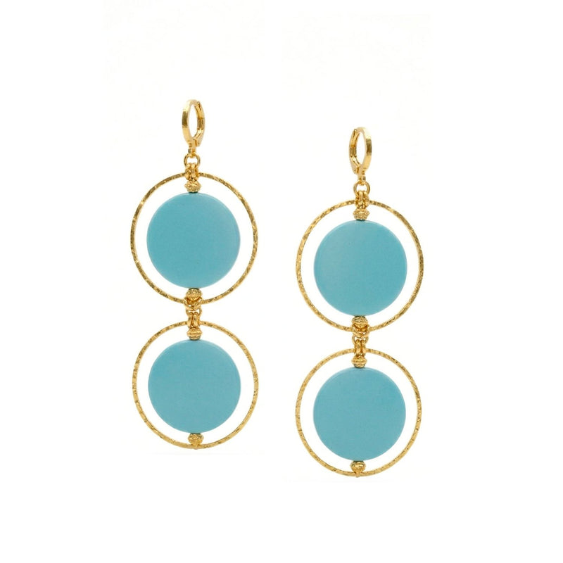Hand-assembled in our West Hollywood studio, Twiggy Dangles balance turquoise-blue discs inside textured 18k gold-plated frames. Crafted in small, eco-conscious batches. Style Note: punctuates tailored shirts or slips seamlessly into night.