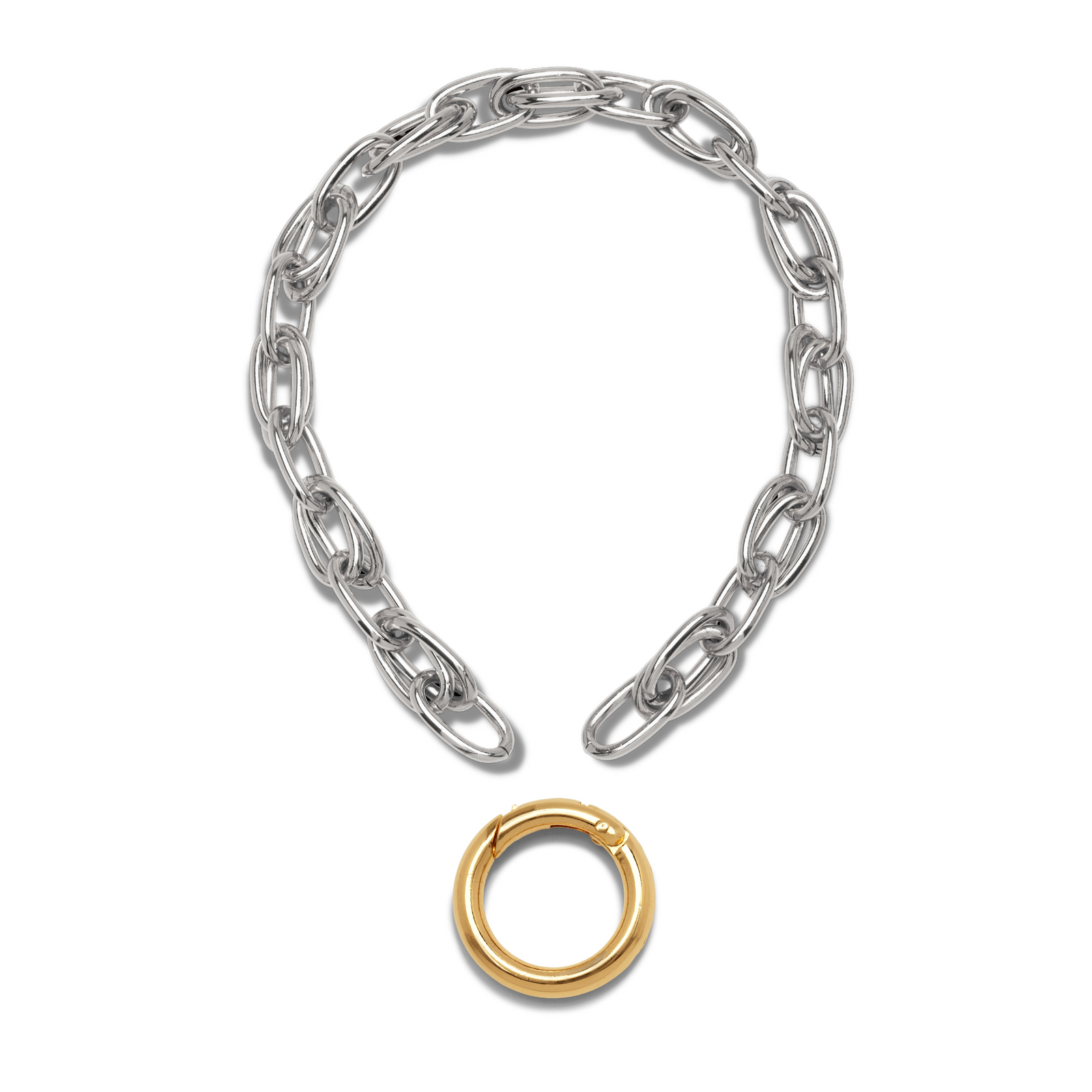 A Two Tone Everly Every-Other Necklace by JAREDJAMIN Jewelry Online, featuring large silver oval links, is arranged in a loose semicircle on a white background. An 18K Gold Plated ring with removable clasp sits beneath the open ends.