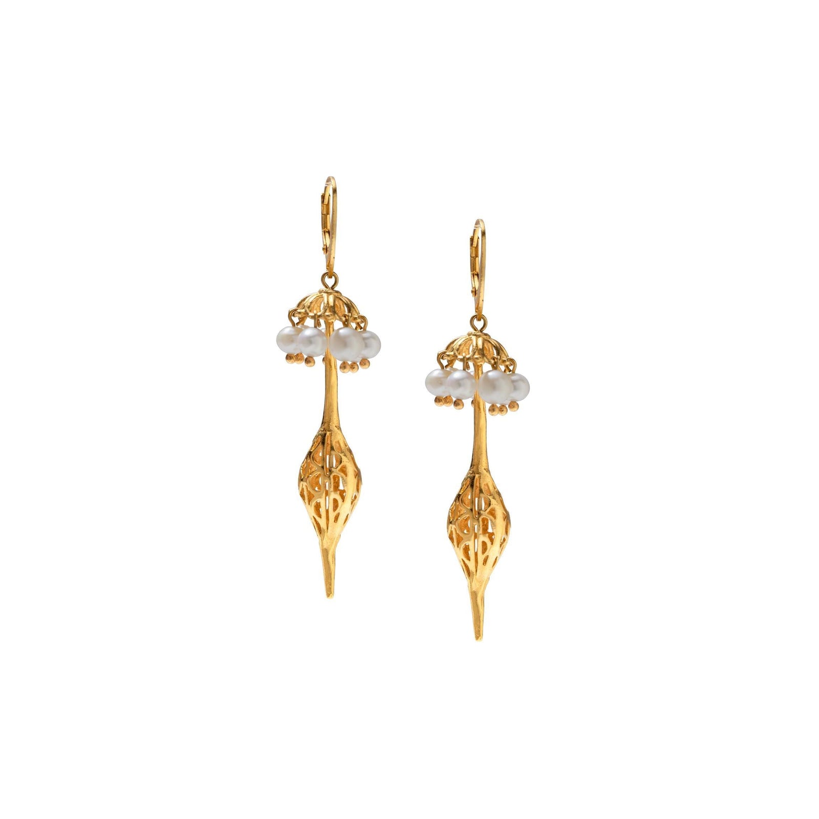 The Umbrella Pearl Gold Oriental Earrings by JAREDJAMIN Jewelry Online feature 18K gold plating, pod shapes with cutout details, clusters of freshwater pearls, and lever-back hooks for a floral or umbrella-inspired look.