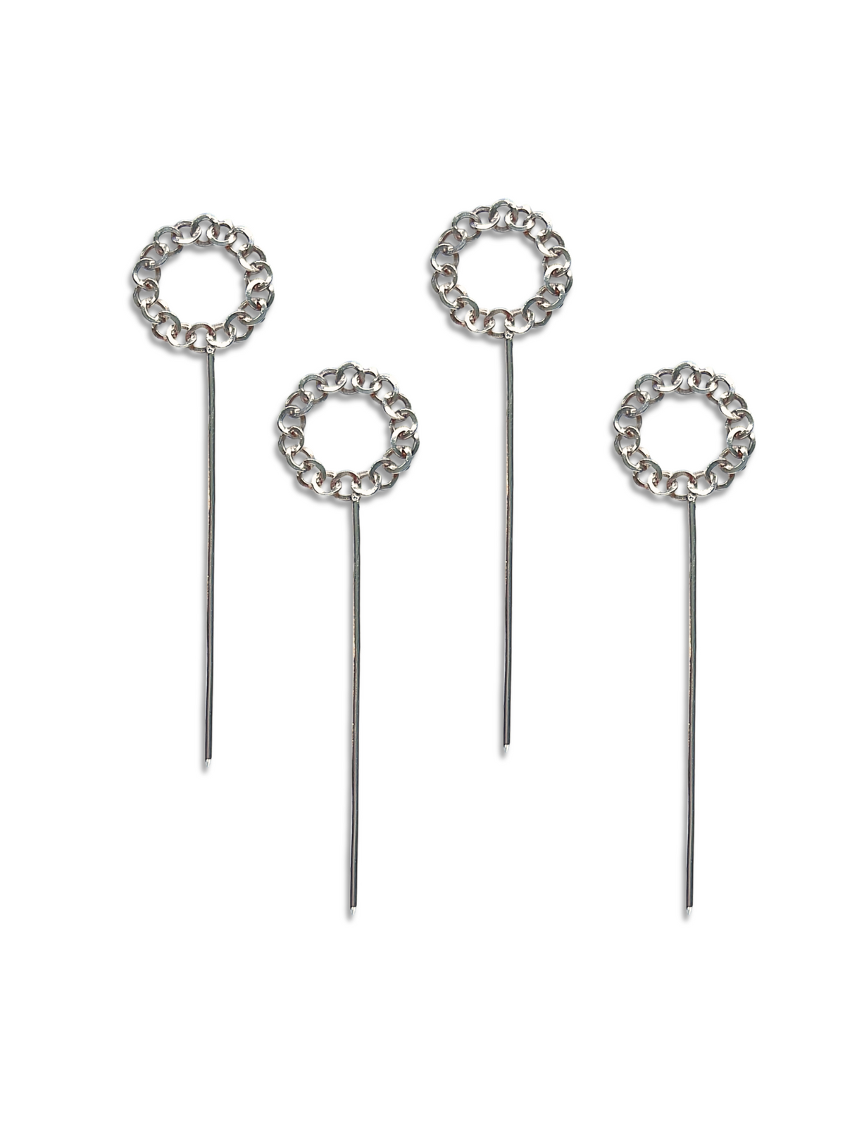 The JAREDJAMIN Barware and More Silver Unity Cocktail Skewers set showcases four silver-plated pins with decorative circular loops resembling interlinked rings, displayed on a white background. Perfect for cocktail skewers at your next gathering.