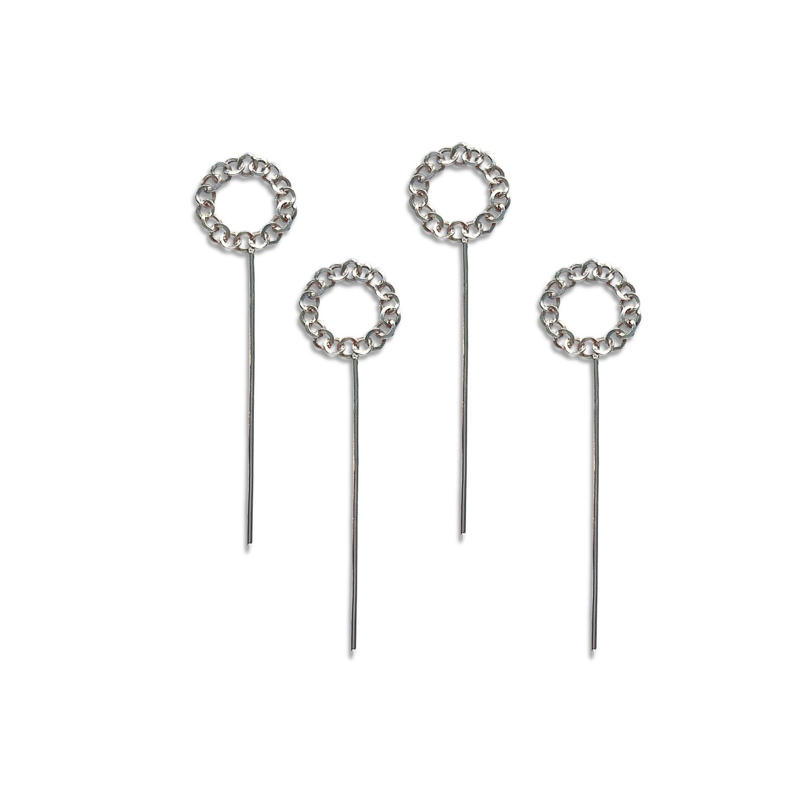 The JAREDJAMIN Barware and More Silver Unity Cocktail Skewers set features four silver picks with interlinked circular tops, elegantly arranged on a white background—perfect for charcuterie boards or stylish party presentations.