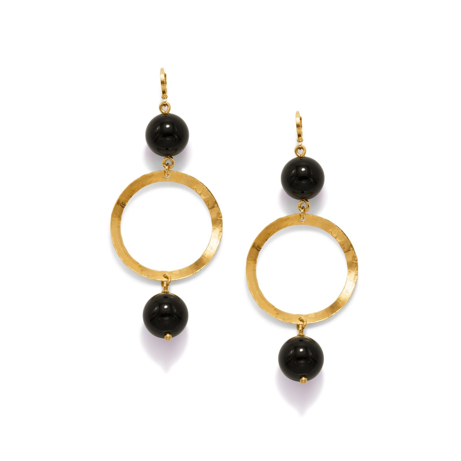 The Ursula Gold Onyx Earrings by JAREDJAMIN Jewelry Online feature 18K gold hammered hoops with glossy black beads, gold hooks, and a modern, hypoallergenic design—perfect for sensitive ears.
