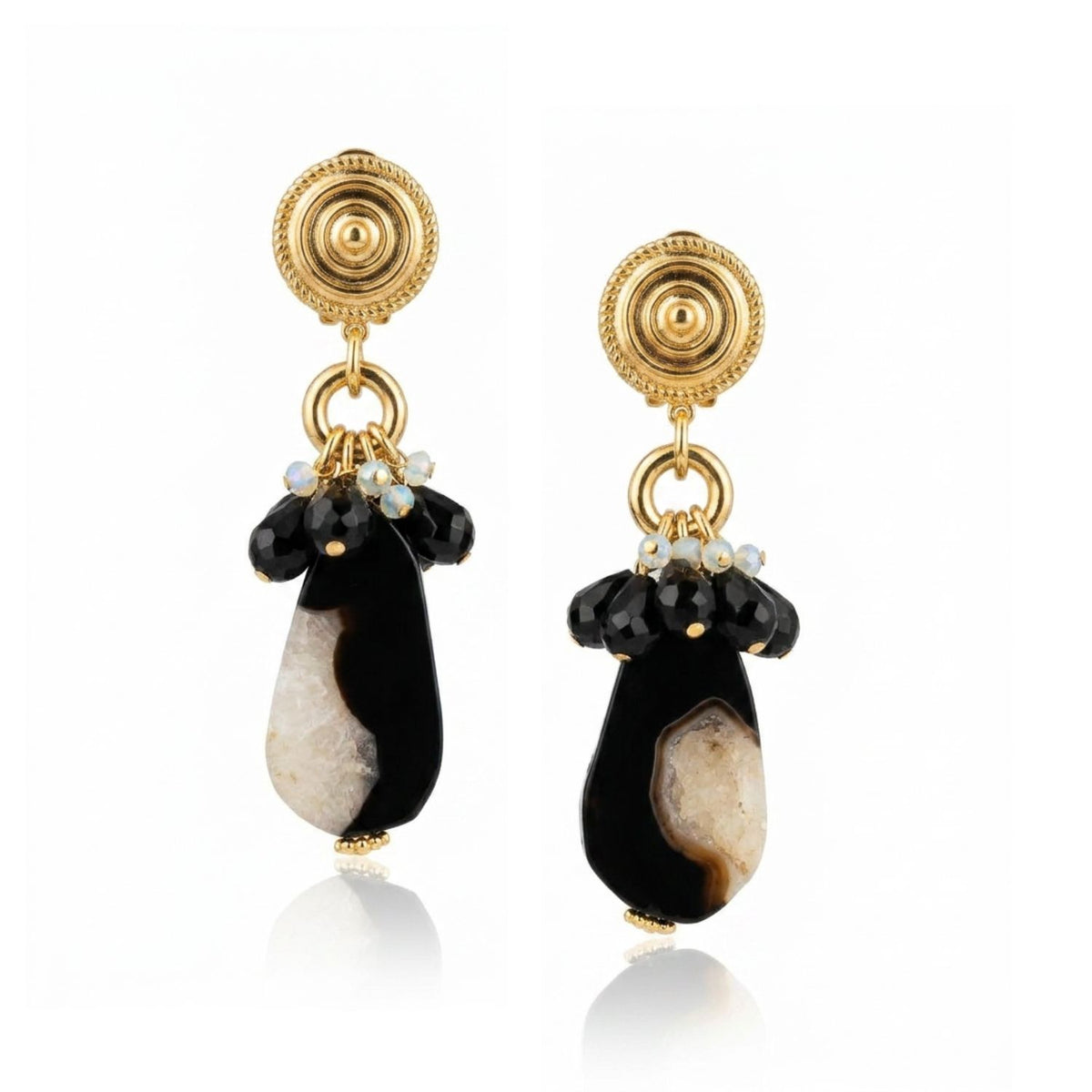 Studio product shot of the pair of JAREDJAMIN Veda Black Agate & Crystal Clip-On Earrings displayed against a white background, highlighting the signature gold shield clip-on tops, golden rings, black agate slices, and crystal cluster charms.