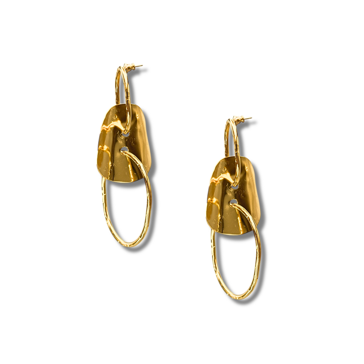 From JAREDJAMIN Jewelry Online, the Gold Viviane Post Drop Earrings feature hammered metal tops and textured oval hoops with a shiny finish, beautifully presented on a white background.