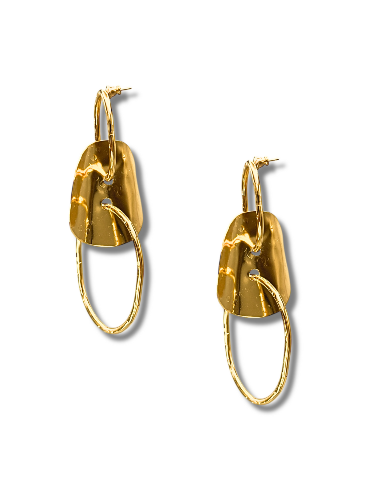 The Gold Viviane Post Drop Earrings from JAREDJAMIN Jewelry Online feature a shiny shield-like top with a hammered texture on a smooth hoop, embodying an elegant rebellious warrior princess vibe against a white backdrop with subtle shadows.