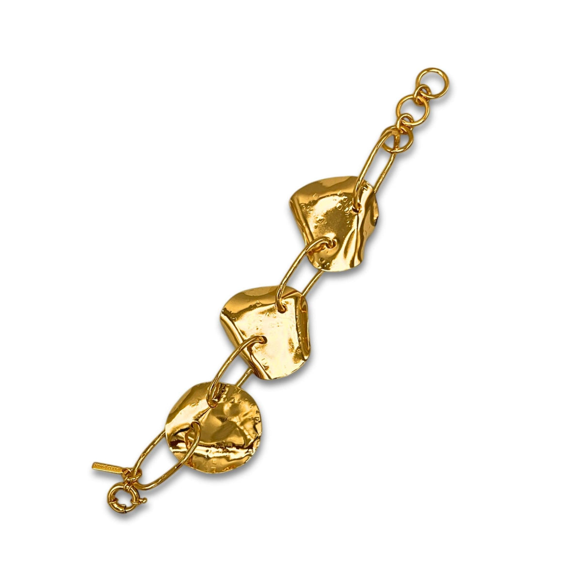 The Gold Viviane Link Bracelet by JAREDJAMIN Jewelry Online features three large hammered links joined by smaller rounds, a reflective finish, and toggle clasp, creating a modern, organic look.