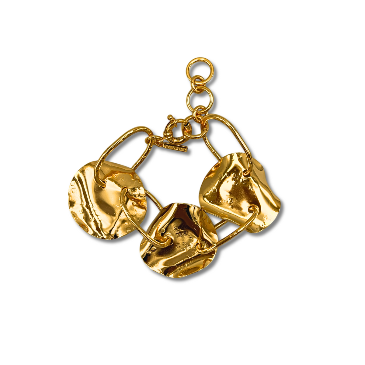 The Gold Viviane Link Bracelet by JAREDJAMIN Jewelry Online features three large, hammered discs and curved links, finished with a toggle clasp and small end rings, displayed on a white background.